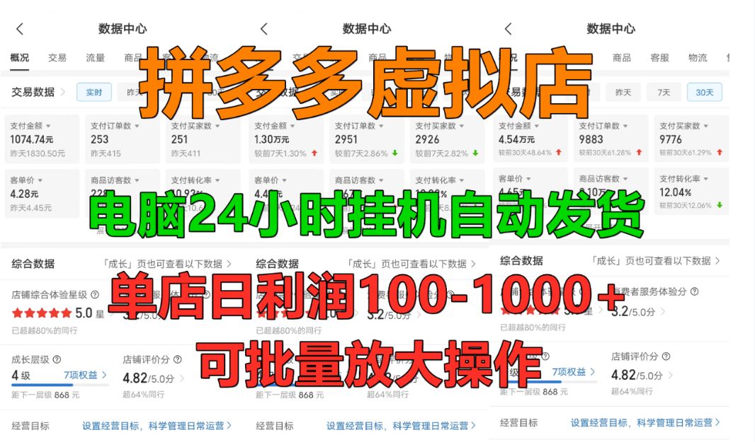 拼多多虚拟店,单店日利润100-1000+,挂机全自动发货,长久稳定新手首选项目,可批量放大操作