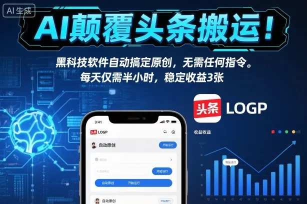 AI颠覆头条搬运！黑科技软件自动搞定原创，无需任何指令。每天仅需半小时，稳定收益3张