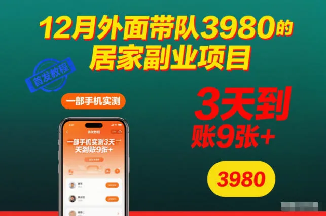 12月外面带队3980的居家副业项目，一部手机实测3天到账9张+，首发教程