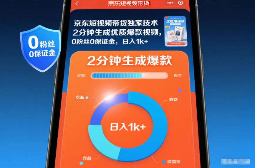 京东短视频带货独家技术，2分钟生成一条优质爆款视频，0粉丝0保证金，日入1k+