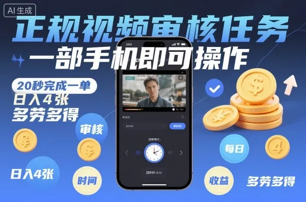 正规视频审核任务,一部手机即可操作,20秒完成一单,日入4张,多劳多得