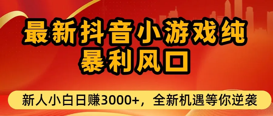 最新抖音小游戏纯暴利风口!小白单日稳赚3000+，全新机遇千万别错过