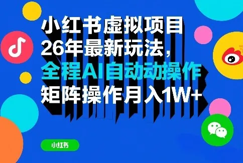 小红书虚拟项目26年最新玩法，全程AI自动操作，矩阵操作月入1W＋