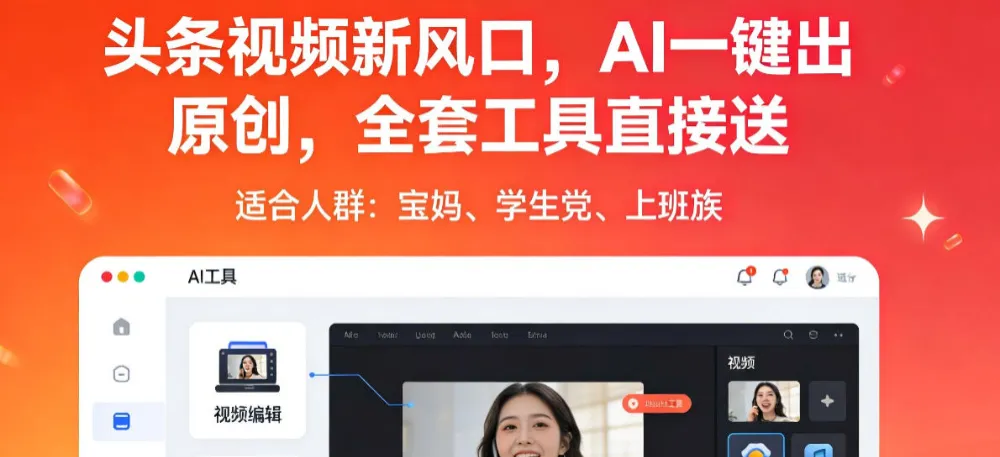 头条视频新风口，AI一键出原创，全套工具直接送，人人可做，有手就行