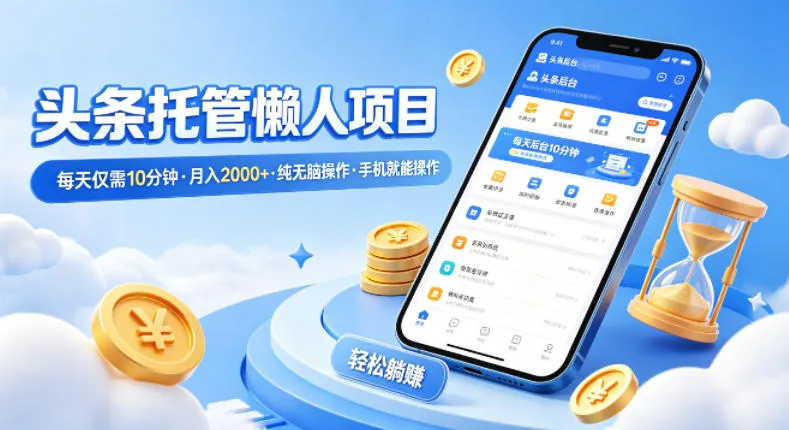 头条托管懒人项目，每天仅需10分钟，月入2000+，纯无脑操作，手机就能操作