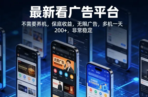 最新看广告平台，不需要养机，保底收益，无限广告，多机一天200+，非常稳定