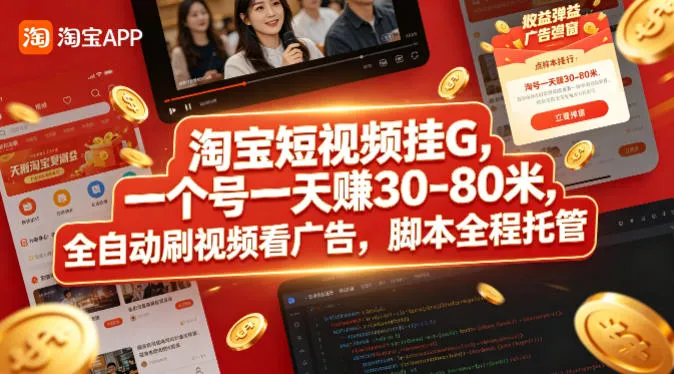 淘宝短视频挂G，一个号一天 賺30-80米，全自动刷视频看广告，脚本全程托管