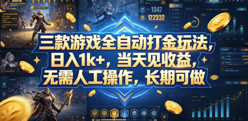 三款游戏全自动打金玩法，日入1k+，当天见收益，无需人工操作，长期可做