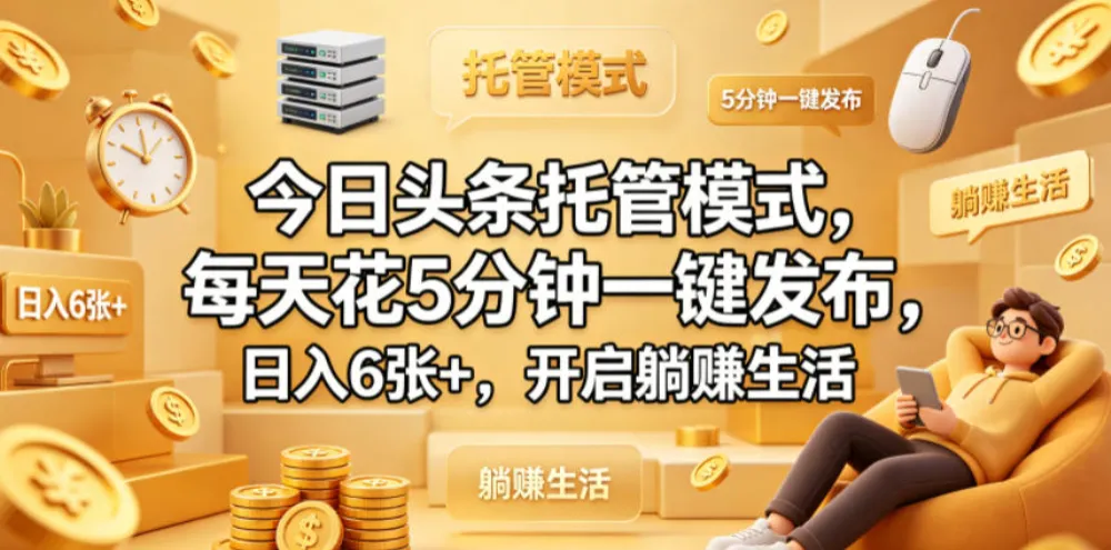 今日头条托管模式，每天花5分钟一键发布，日入6张+，开启躺賺生活