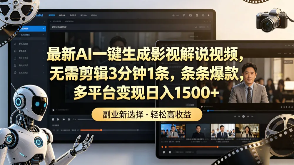 最新AI一键生成影视解说视频,无需剪辑3分钟1条,条条爆款,多平台变现日入1500+