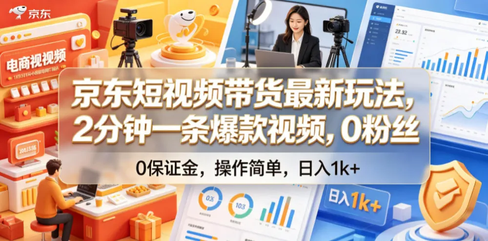 京东短视频带货最新玩法，2分钟一条爆款视频，0粉丝，0保证金，操作简单，日入1k+