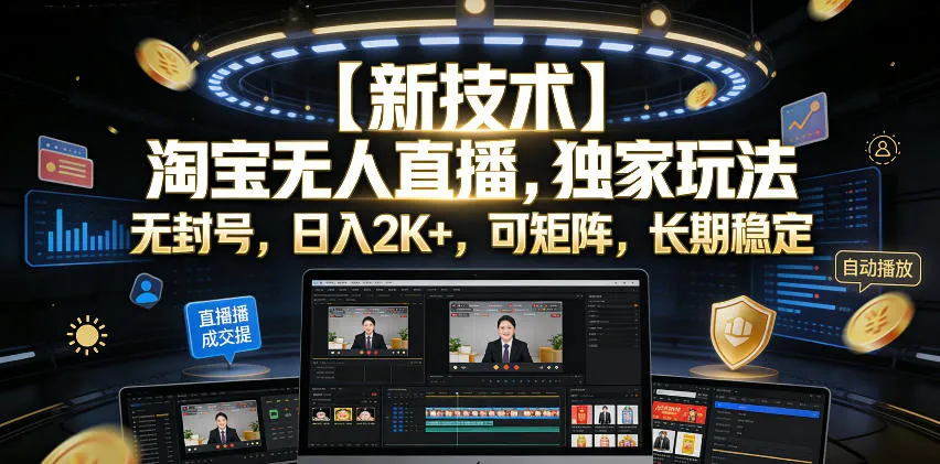 【新技术】淘宝无人直播，独家玩法，无封号，日入2K+，可矩阵，长期稳定