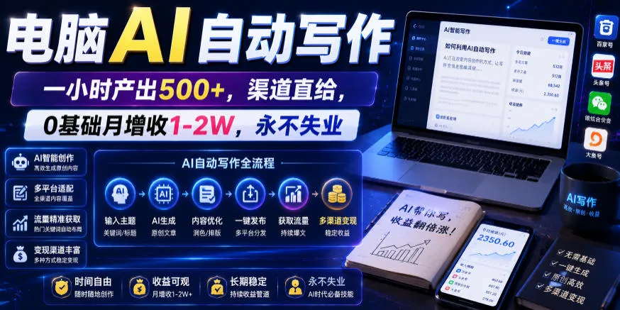 电脑AI自动写作，一小时产出500+，渠道直给，0基础月增收1-2W，永不失业
