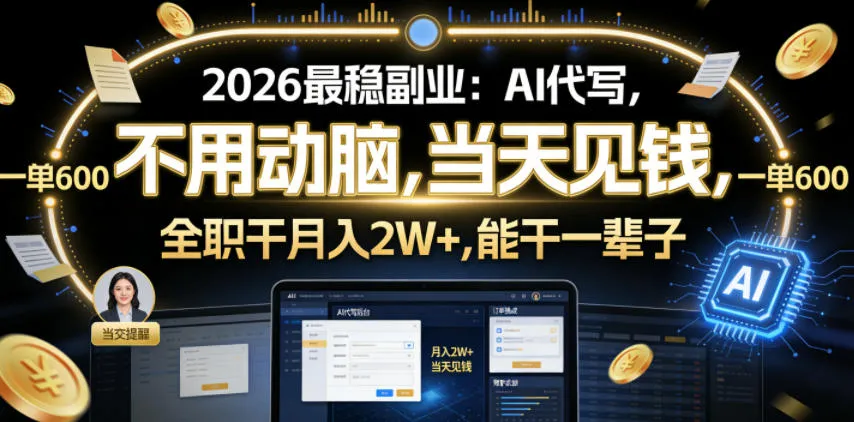 2026最稳副业：AI代写，不用动脑，当天见钱，一单600，全职干月入2W+，能干一辈子