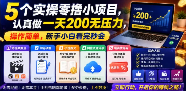 5个实操零撸小项目，认真做一天200无压力，操作简单，新手小白看完秒会