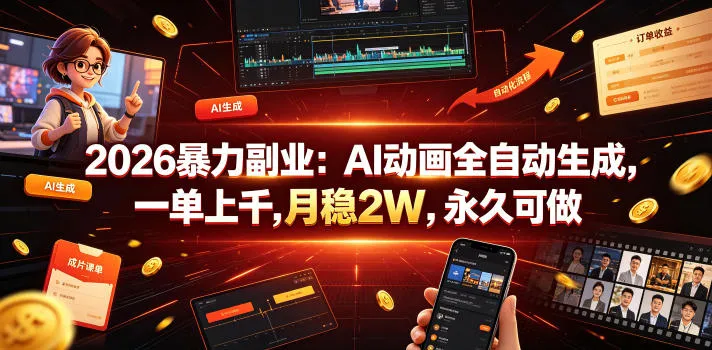 2026暴力副业：AI动画全自动生成，一单上千，月稳2W，永久可做