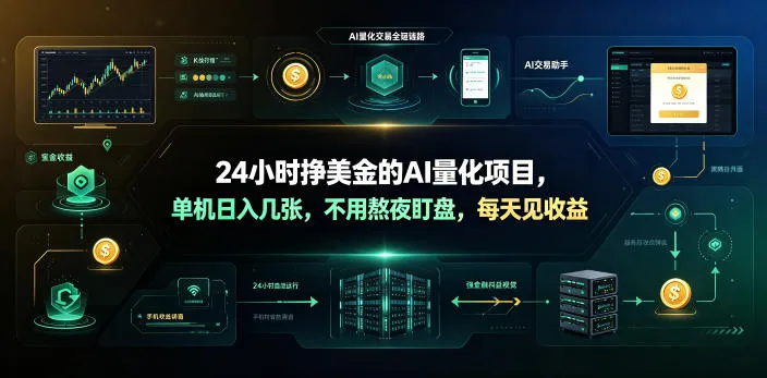 24小时挣美金的AI量化项目，单机日入几十美刀，不用熬夜盯盘，每天见收益
