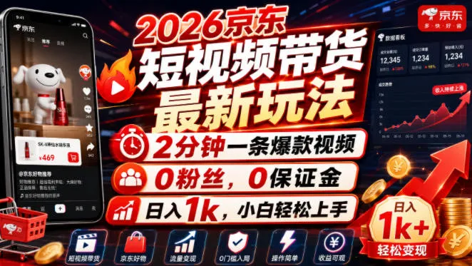 2026京东短视频带货最新玩法，2分钟一条爆款视频，0粉丝，0保证金，日入1k，小白轻松上手