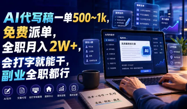 AI代写稿一单500~1k,免费派单,全职月入2W+,会打字就能干,副业全职都行 AI代写稿一单500~1k,免费派单,全职月入2W+,会打字就能干,副业全职都行