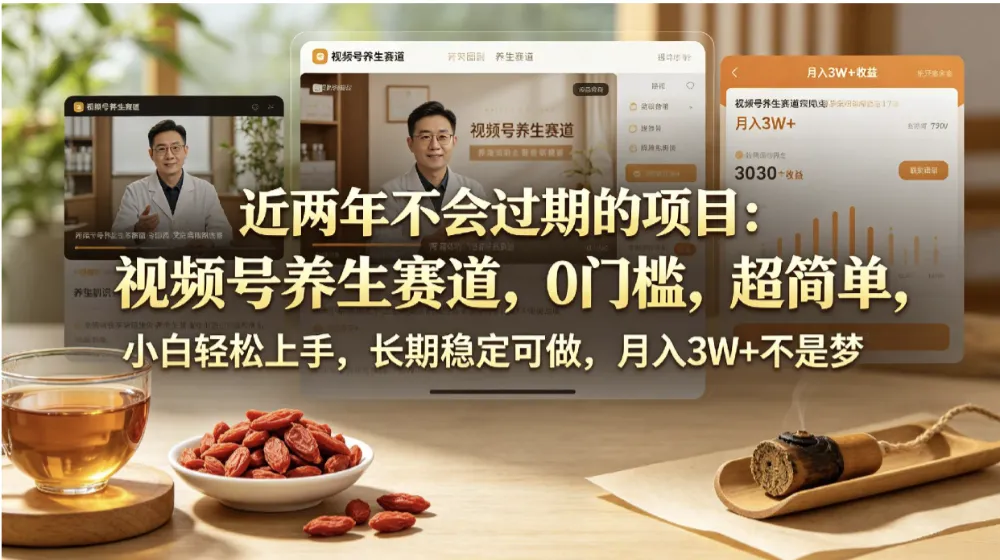 近两年不会过期的项目：视频号养生赛道，0门槛，超简单，小白轻松上手，长期稳定可做，月入3w+不是梦