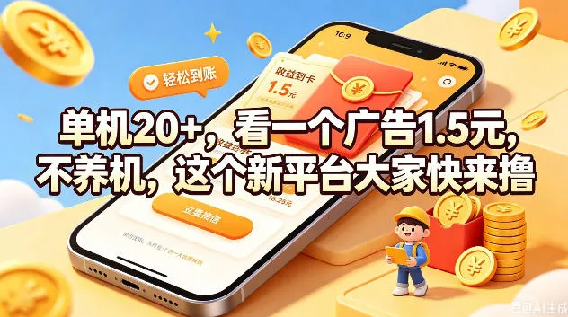 单机20+，看一个广告1.5米，不养机，这个新平台大家快来撸