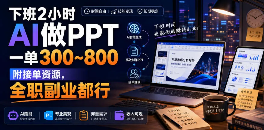 下班2小时AI做PPT，一单300~800，附接单资源，全职副业都行