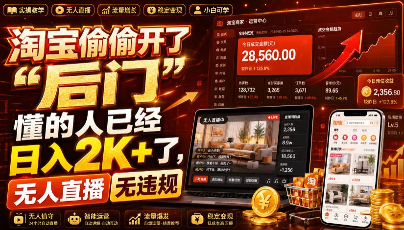 淘宝偷偷开了“后门”,懂的人已经日入2K+了,无人直播无违规,一台电脑=一家24小时营业的线上门店 淘宝偷偷开了“后门”,懂的人已经日入2K+了,无人直播无违规,一台电脑=一家24小时营业的线上门店