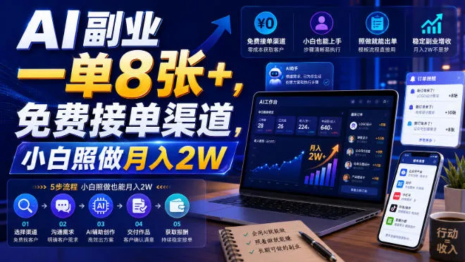 AI副业一单8张+，免费接单渠道，小白照做月入2W