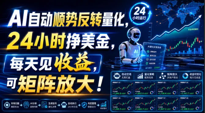AI自动顺势反转量化，24小时挣美金，每天见收益，可矩阵放大！