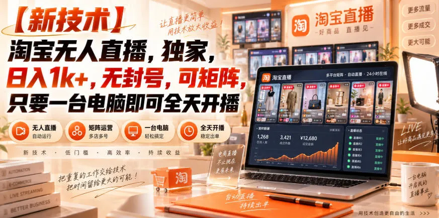 【独家新技术】淘宝无人直播,日入1k+,无封号,可矩阵,只要一台电脑即可全天开播 【独家新技术】淘宝无人直播,日入1k+,无封号,可矩阵,只要一台电脑即可全天开播