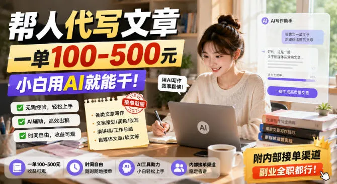 帮人代写文章,一单100-500,小白用AI就能干,附内部接单渠道,副业全职都行