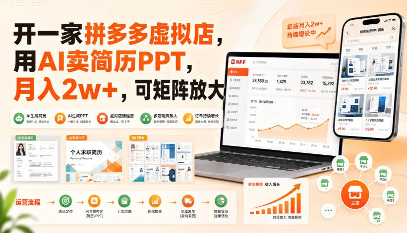开一家拼多多虚拟店,用AI卖简历PPT,月入2w+,可矩阵放大 开一家拼多多虚拟店,用AI卖简历PPT,月入2w+,可矩阵放大
