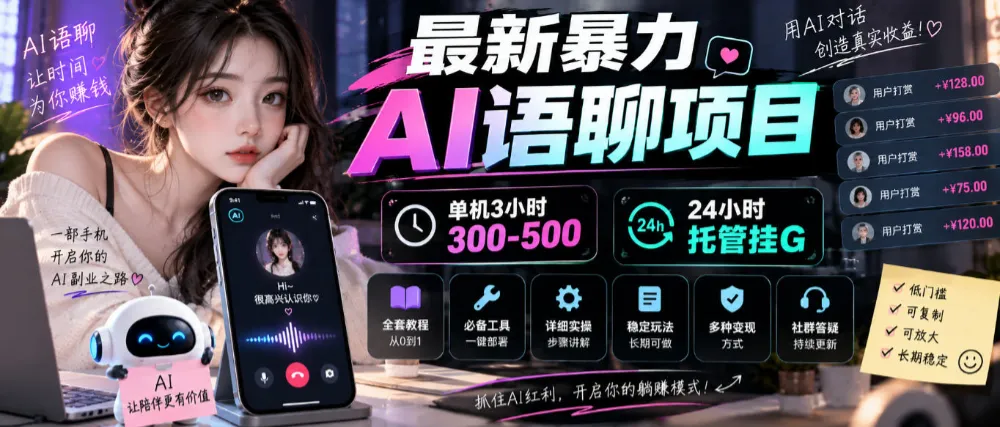 最新暴力AI语聊项目，单机3小时300-500，24小时托管挂G，附全套教程及工具