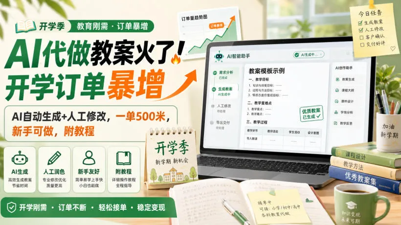 AI代做教案火了!开学订单暴增,AI自动生成+人工修改,一单500米,新手可做,附教程