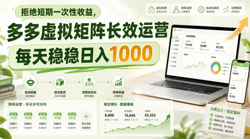 拒绝短期一次性收益,多多虚拟矩阵长效运营,每天稳稳日入1000 拒绝短期一次性收益,多多虚拟矩阵长效运营,每天稳稳日入1000