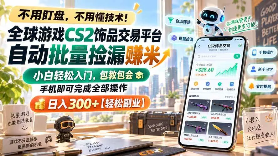 全球游戏CS2饰品交易平台自动批量捡漏赚米,小白轻松入门,包教包会,手机即可完成全部操作,日入300+【轻松副业】