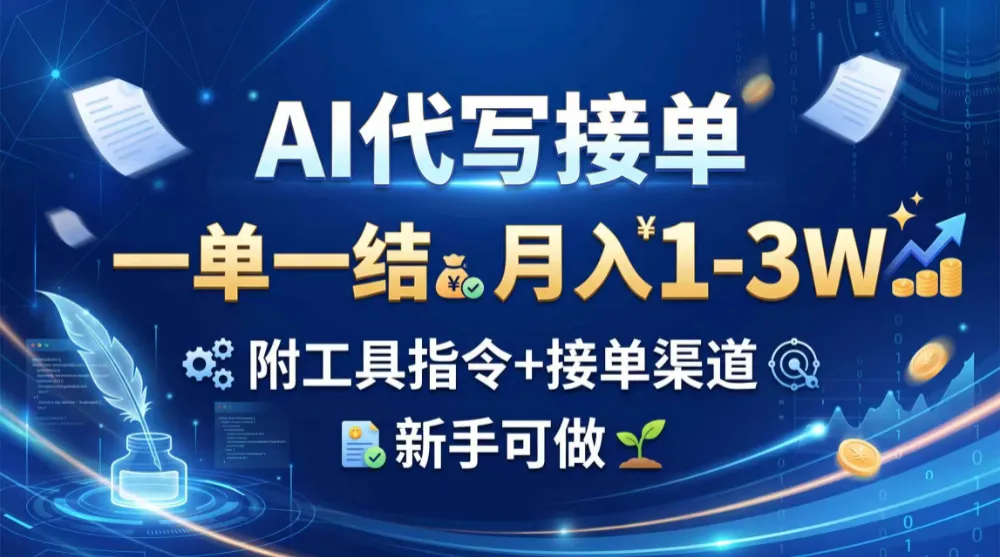 AI代写接单，一单一结，月入1-3W，附工具指令+接单渠道，新手可做