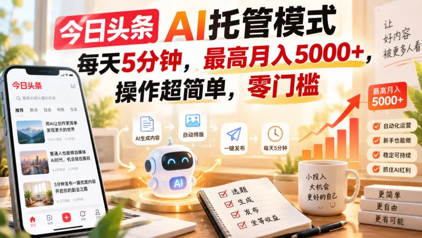 今日头条AI托管模式，每天5分钟，最高月入5000+，操作超简单，零门槛
