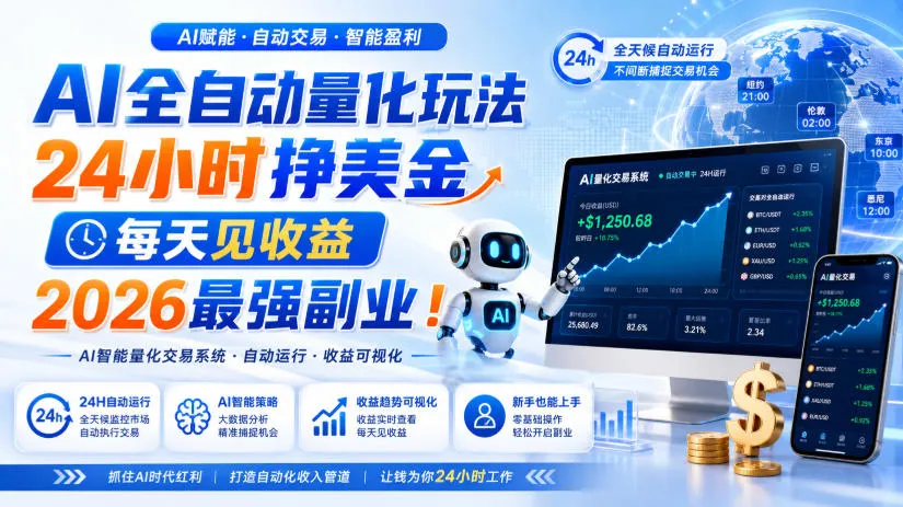 AI全自动量化玩法，24小时挣美金，每天见收益，2026最强副业！