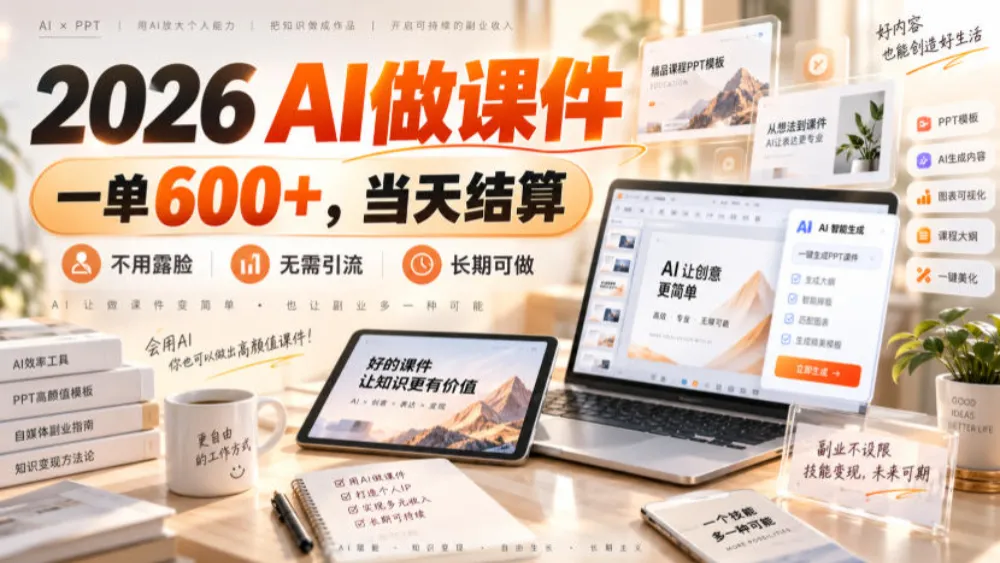 2026 AI做课件，一单600+，当天结算，不用露脸，无需引流，长期可做