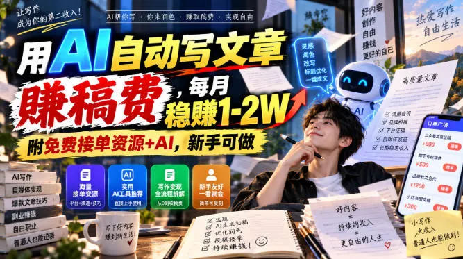 用AI自动写文章賺稿费，每月稳賺1-2W，附免费接单资源+AI，新手可做
