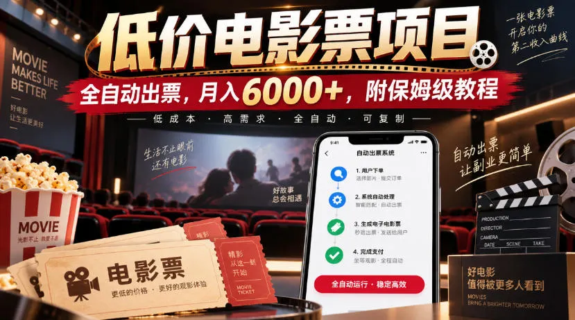 低价电影票项目，全自动出票，月入6000+，附保姆级教程