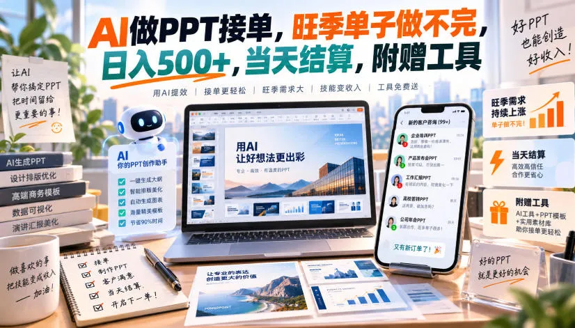 AI做PPT接单，旺季单子做不完，日入500+，当天结算，附赠工具