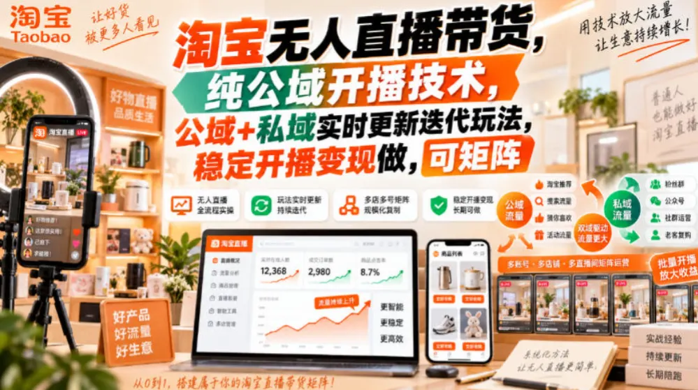 淘宝无人直播带货，纯公域开播技术，公域+私域实时更新迭代玩法，稳定开播变现做，可矩阵