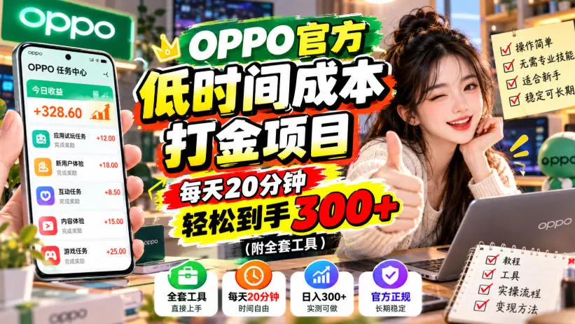 OPPO官方低时间成本打金项目，每天20分钟，轻松到手300+（附全套工具）