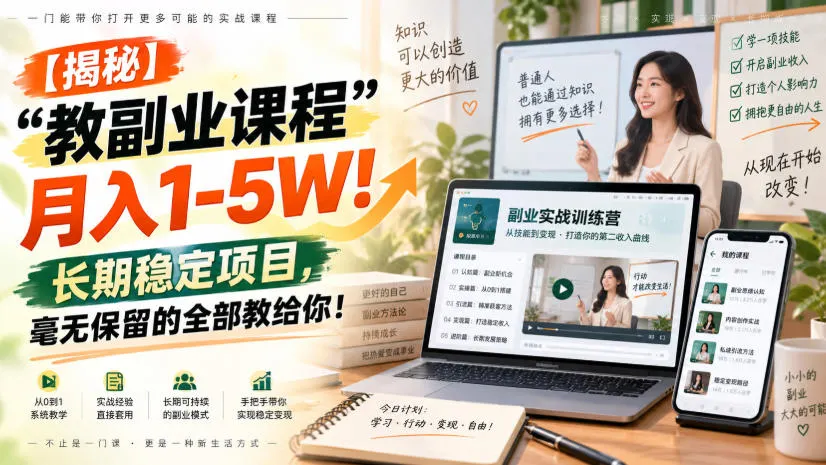 “教副业课程”月入1-5W！长期稳定项目，毫无保留的全部教给你！