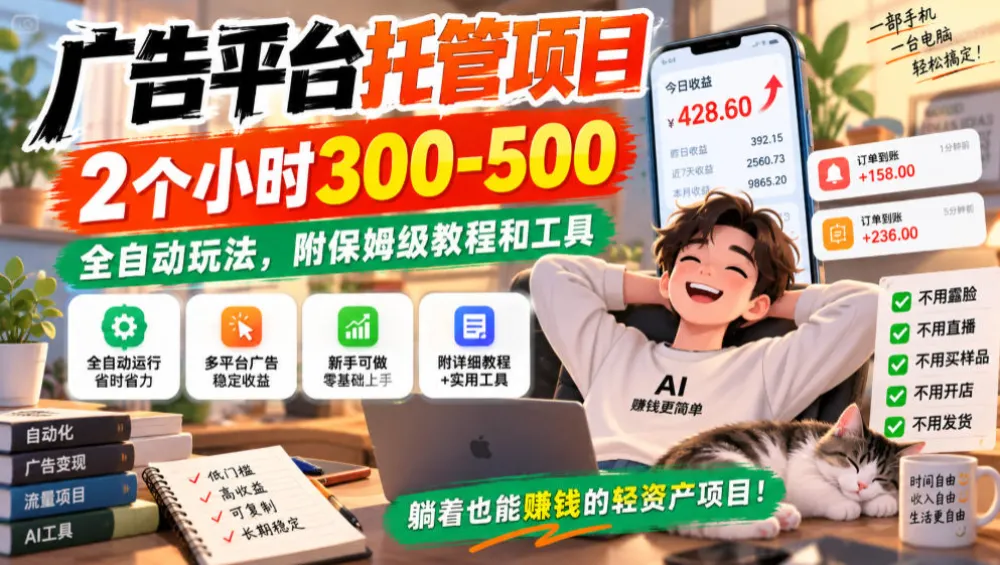 广告平台托管项目，2个小时300-500，全自动玩法，附保姆级教程和工具，小白照着就能做