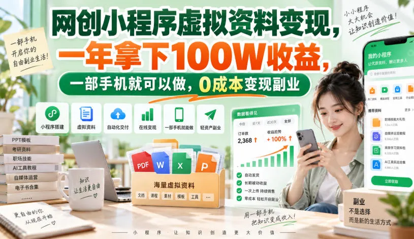 网创小程序虚拟资料变现，一年拿下100W收益，一部手机就可以做，0成本变现副业！