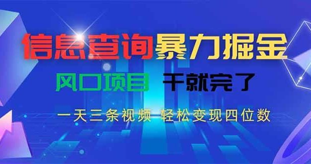 信息查询暴力掘金,一天三条视频 轻松变现四位数,风口项目干就完了