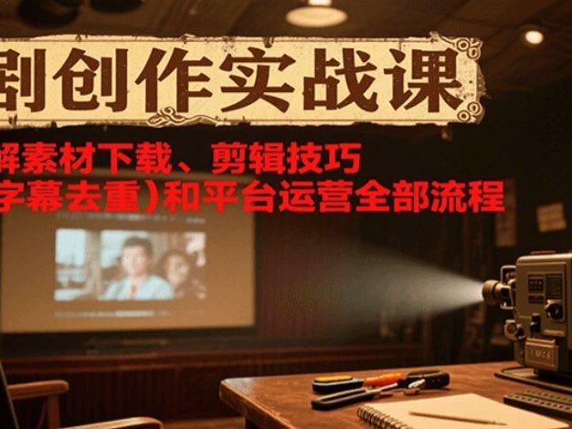 短剧创作实战课，系统讲解素材下载、剪辑技巧（画面/字幕去重）和平台运营全部流程